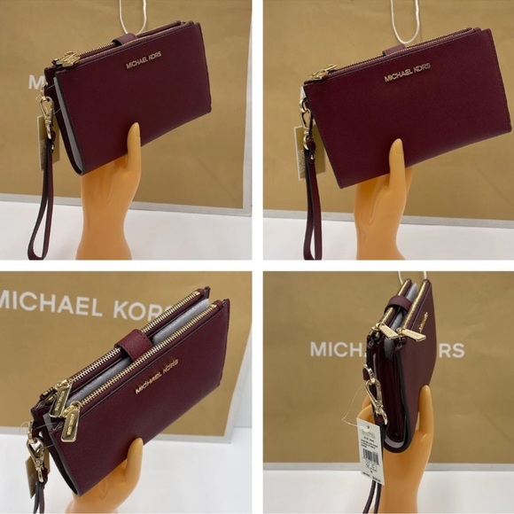 MICHAEL KORS LG DOUBLE ZIP WRISTLET Dark Cherry MERLOT - Picture 13 of 16